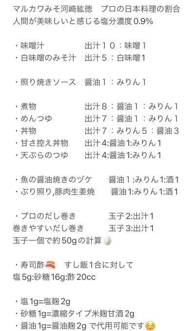 ありがとうございます。

こちらの割合表ですね。
特に覚えて欲しいのは
【八方だし】
８出汁：１醤油：１みりん
ですね。

八方だしは昔から日本料理界で伝わる秘伝の割合なのです。
私が日本料理店で学んできたので、ご活用くださいませ。