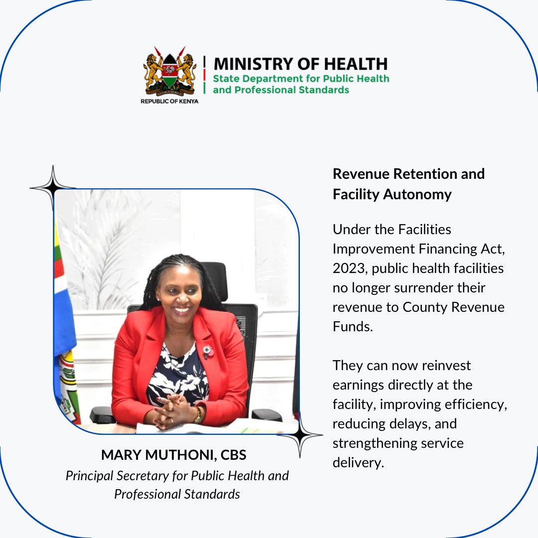 Under the FIF Act, 2023, public health facilities no longer surrender their revenue to County Revenue Funds.

They can now reinvest earnings directly at the facility, improving efficiency, reducing delays, and strengthening service delivery.

— Mary Muthoni, Principal Secretary