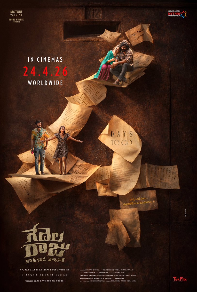 AjArtsofficial's tweet photo. Only 4 Days Left ⏳🔥

A journey of love, time &amp; memories unfolds…

🎵 A @kuncheraghu musical
🎬 A Chaitanya Moturi Cinema

In Cinemas April 24 — Worldwide 🌍

Design by @AjArtsofficial 

@mythrireleases @tekflixentertainment
#Gedelaraju #Ajartsofficial https://t.co/Kb450OUoAN