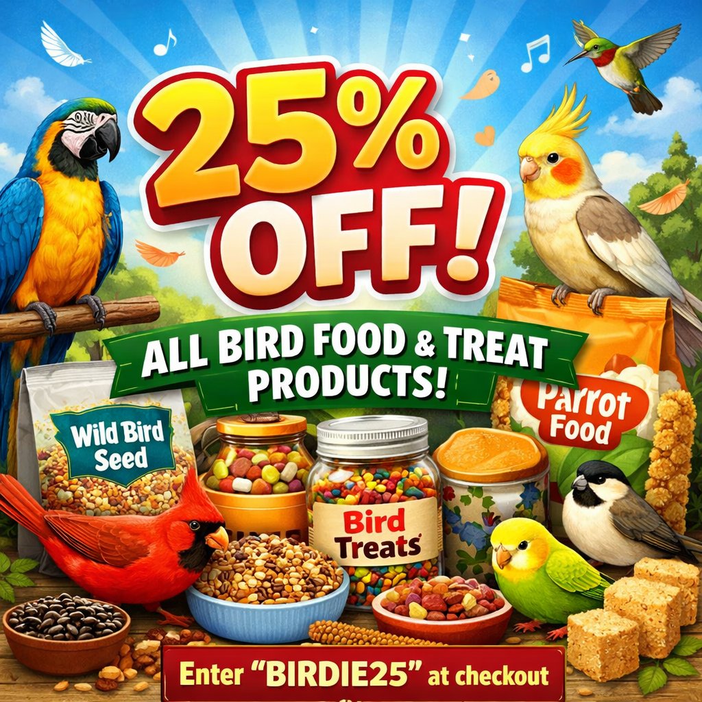 Parrotbox's tweet photo. Stock up on your bird's favourite food and treats with 25% off our entire range of food and treat products! Simply enter code BIRDIE25 at checkout to take advantage of this great saving! https://t.co/h1LCslkuqX https://t.co/eTp4csqcwE