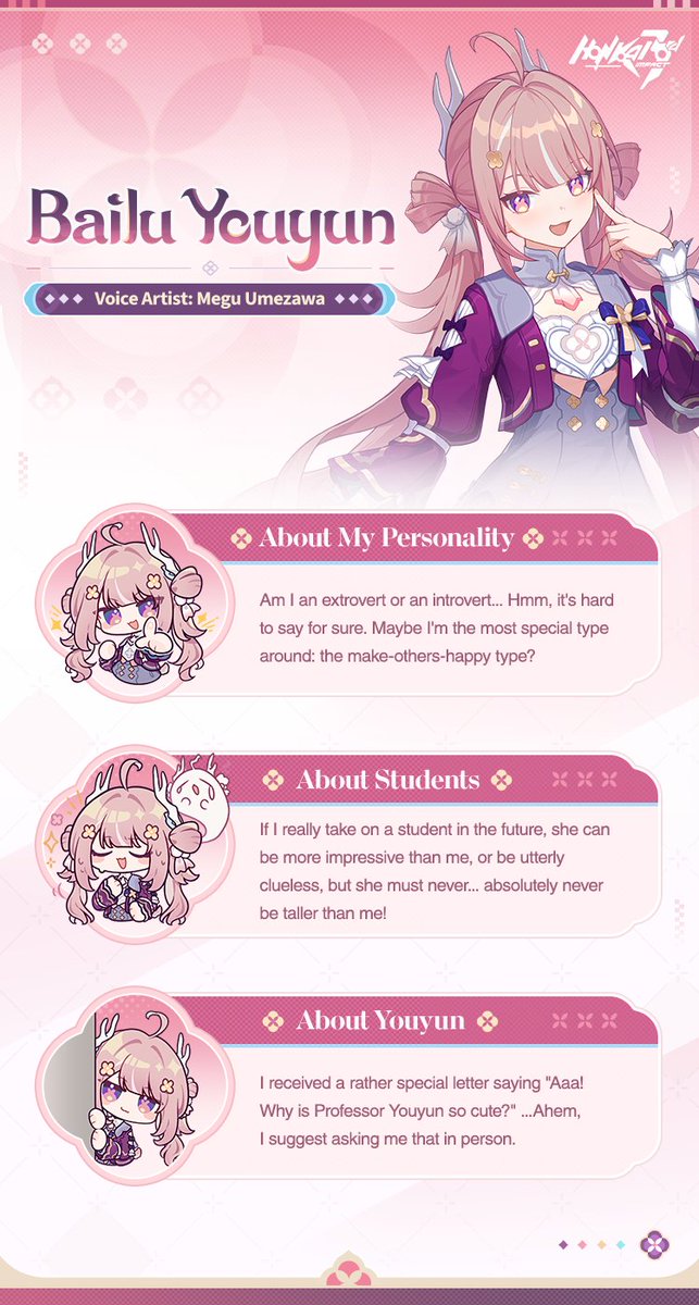Bailu Youyun Files
New AstralOp Bailu Youyun debuts in v8.8! Stay tuned!

#Youyun
#HonkaiImpact3rd