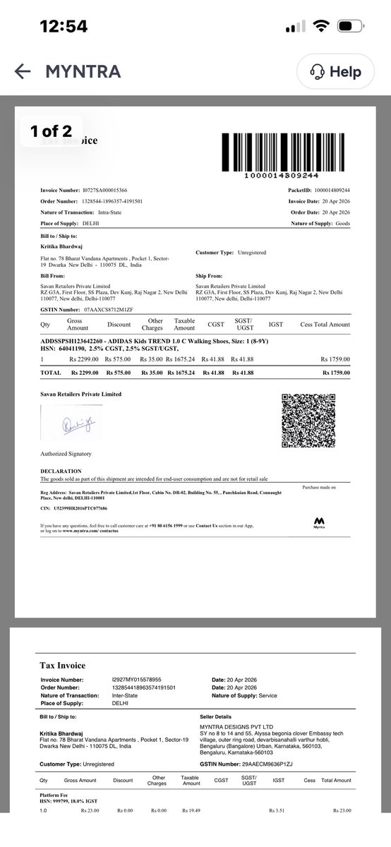 Daman268599's tweet photo. @myntra @MyntraSupport seller shown adidas but sent by a different seller , the invoice is coming from another firm , area guys selling cheap copies of the brand https://t.co/OEG1PT3bJ2