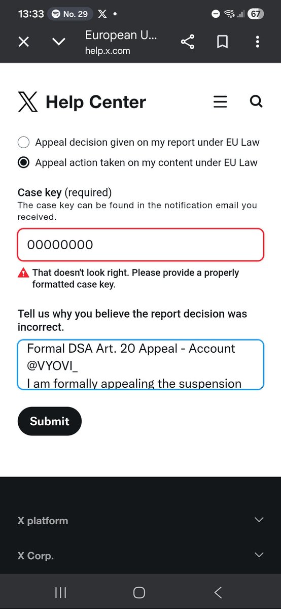 power_rager_'s tweet photo. Hey @XSupport, my 17-yr-old account @VYOVI_ is stuck in a "Restoration Loop." Received 5 emails saying it’s restored, but it's still suspended. Your DSA appeal form is blocked—it needs a "Case Key" never sent. This violates #DSA Art 20. @DigitalEU @CNaM_ie #DigitalServicesAct https://t.co/k65YTsKPXB