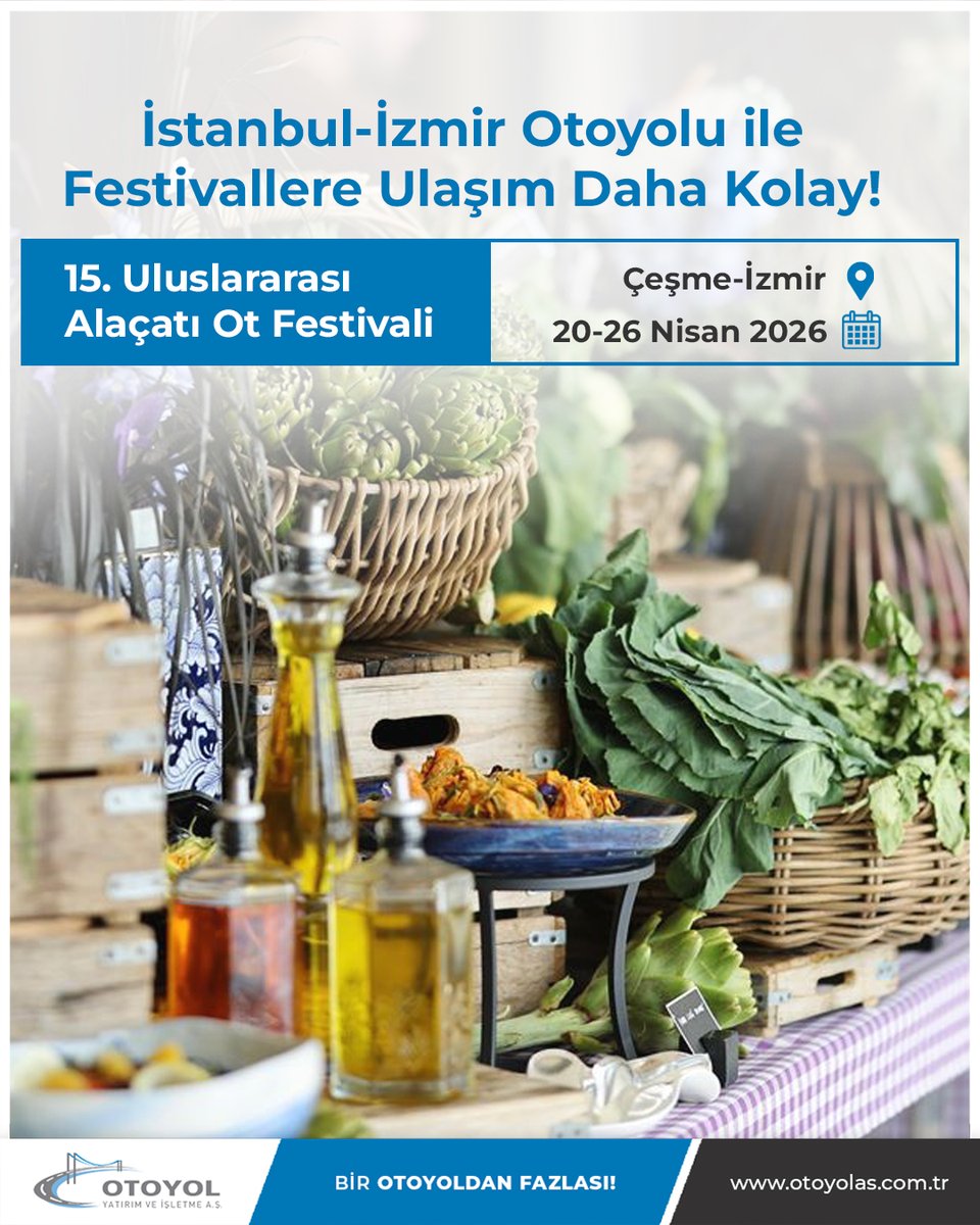otoyolas's tweet photo. 15. Uluslararası Alaçatı Ot Festivali başladı, 20–26 Nisan 2026 tarihleri arasında Çeşme–İzmir’de doğanın taptaze lezzetlerini ve Ege kültürünü bir araya getiriyor. Yerel üreticilerden atölyelere, tadım etkinliklerinden söyleşilere uzanan keyifli bir buluşma
noktası sunuyor. https://t.co/pAXZRXYgo6