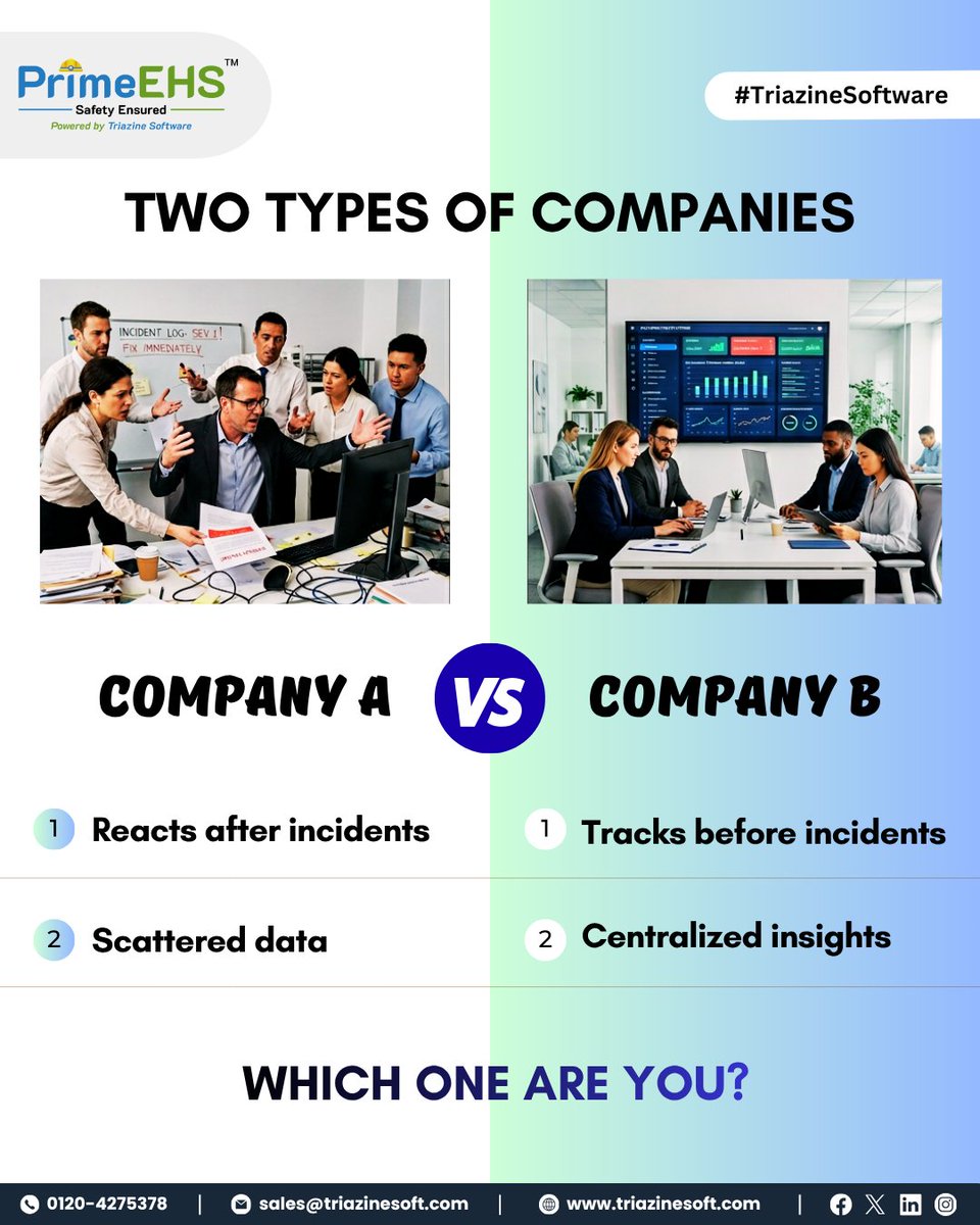 PrimeEhs's tweet photo. The difference isn’t luck.
It’s systems.

One reacts.  One prevents.

And over time, that difference becomes:
• Cost
• Reputation
• Employee trust

Visit us here: https://t.co/YSSEF6Y9nv

Let’s help you move from reactive → proactive. DM us.

#triazinesoftware #primeehs #tspl https://t.co/IZGApwKqpf