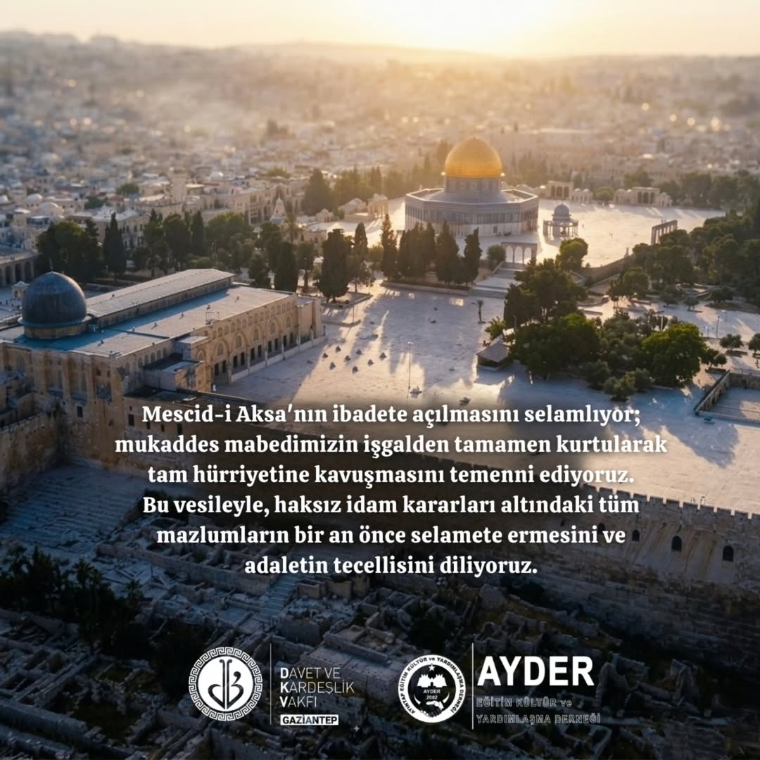 dkvgaziantep's tweet photo. Mescid-i Aksa’nın ibadete açılmasını selamlıyor; mukaddes mabedimizin işgalden tamamen kurtularak tam hürriyetine kavuşmasını temenni ediyoruz. Bu vesileyle, haksız idam kararları altındaki tüm mazlumların bir an önce selamete ermesini ve adaletin tecellisini diliyoruz.

#dkv https://t.co/iE9hIhucyD