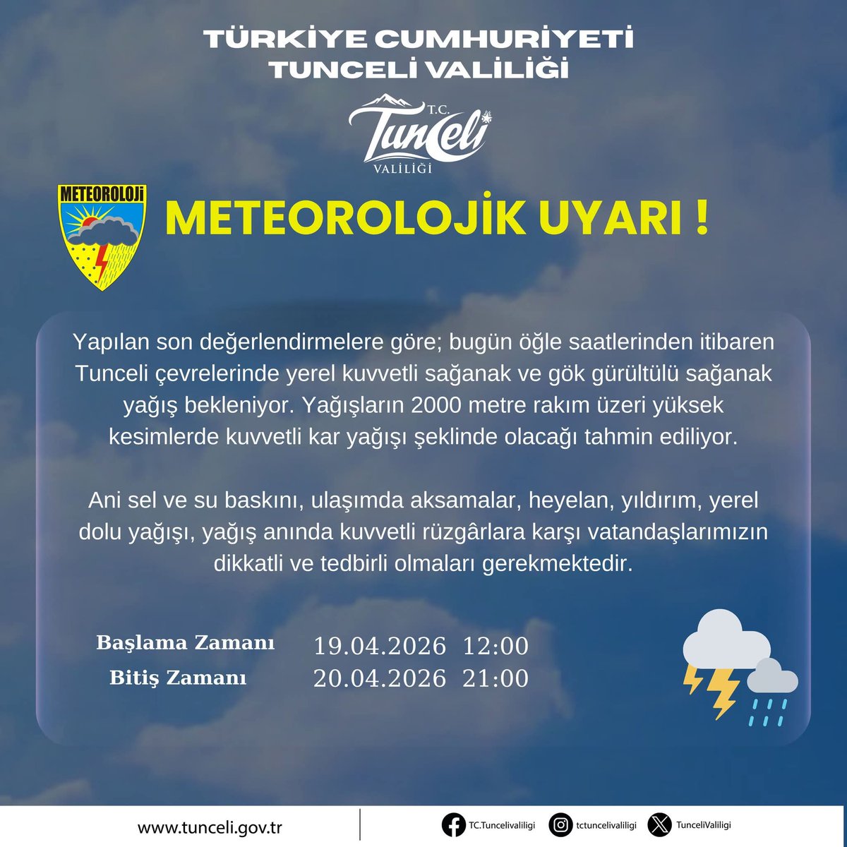 h_belice's tweet photo. DUYURU
19.04.2026 tarihinde başlayarak, bugün saat 21.00’e kadar etkisini sürdürmesi beklenen yoğun yağışlar nedeniyle; sel, su baskını, heyelan, yıldırım ve özellikle Ovacık ile Pülümür karayolunda kaya düşmesi riski bulunmaktadır.
Tüm vatandaşlarımızın bilgilerine duyurulur. https://t.co/njIUBUL1DT