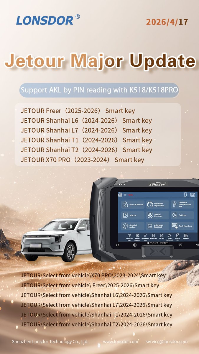 🔔🔔LONSDOR Jetour Major Update💥
eobdtool.co.uk/wholesale/lons…
✅Support AKL by PIN reading with K518/K518PRO
JETOUR Freer (2025-2026) Smart key
JETOUR Shanhai L6 (2024-2026) Smart key
JETOUR Shanhai L7 (2024-2026) Smart key
JETOUR Shanhai T1 (2024-2026) Smart key
JETOUR ...