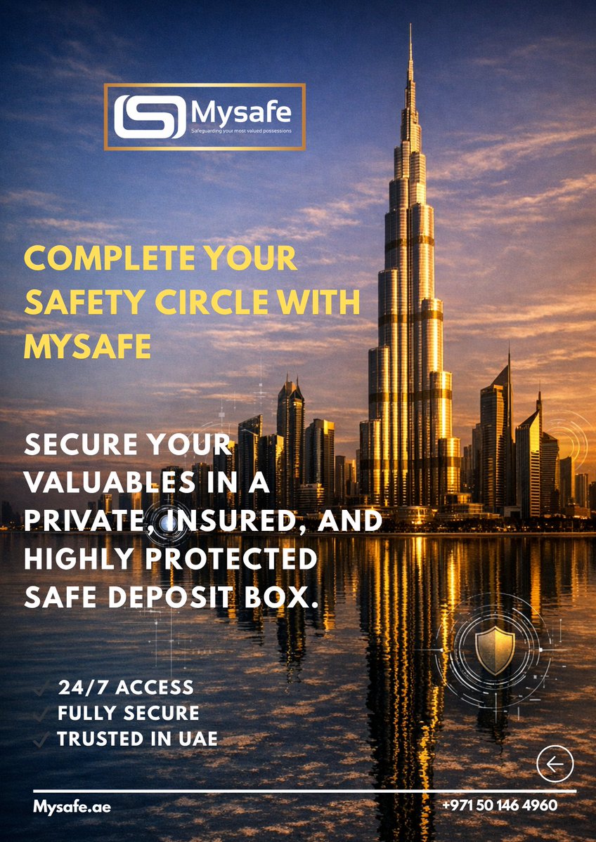 MySafeDubai's tweet image. At @MySafeDubai , we help complete that circle of protection with secure, private, and trusted safe deposit box solutions available 24/7.

Because when life feels secure, your valuables should too.

#MySafe #UAE #Dubai #SafeAndSecure #SecurityMatters #PeaceOfMind #SafeDepositBox