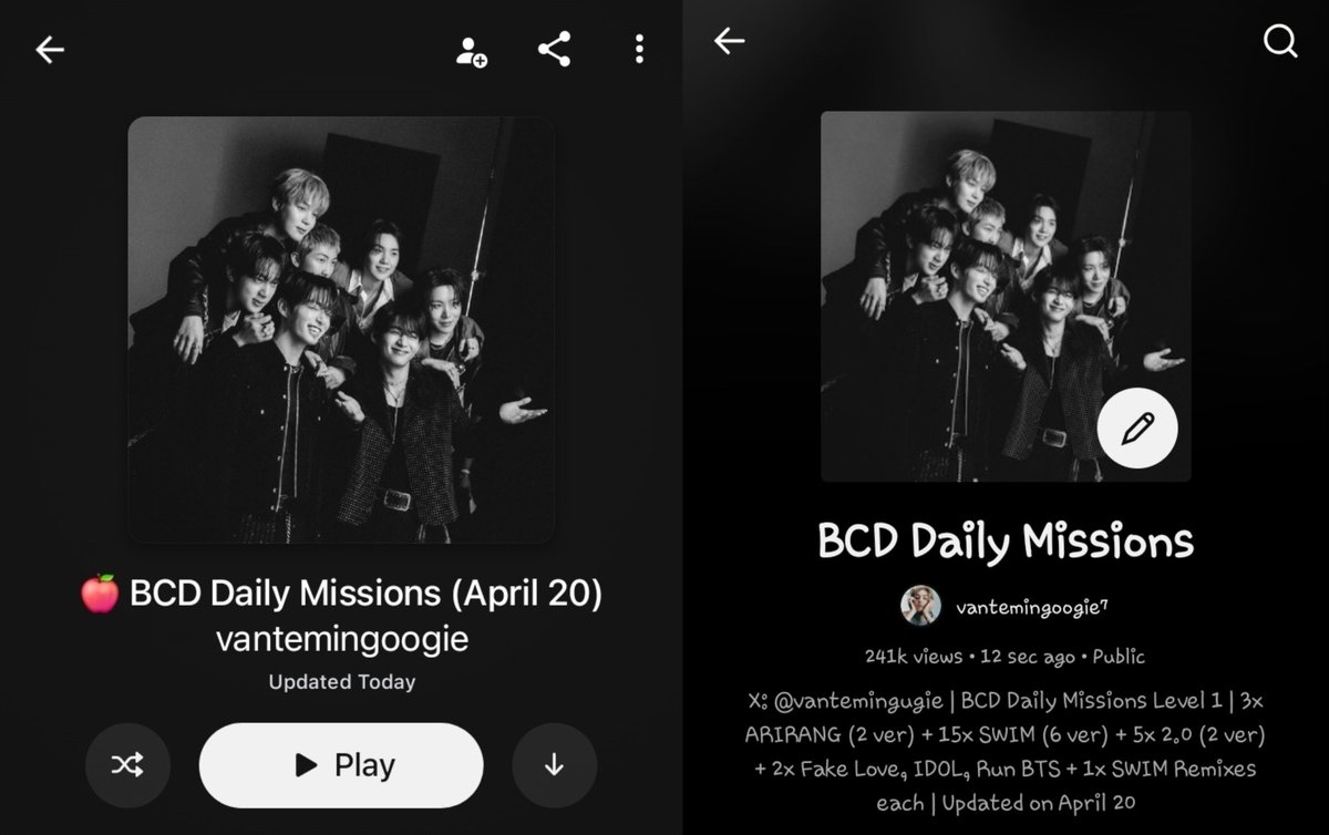 vantemingugie's tweet photo. [April 20] BCD Daily Missions Level 1 playlists have been updated!

⏰ 4 hours

3x ARIRANG
15x SWIM (6 ver)
5x 2.0
2x Fake Love, IDOL, Run BTS
1x SWIM Remixes each

Spotify:
https://t.co/mabJDiEnim

Apple Music:
https://t.co/0jcmfON12C

YouTube Music:
https://t.co/Bvj57iVQJY https://t.co/FI47dA3her