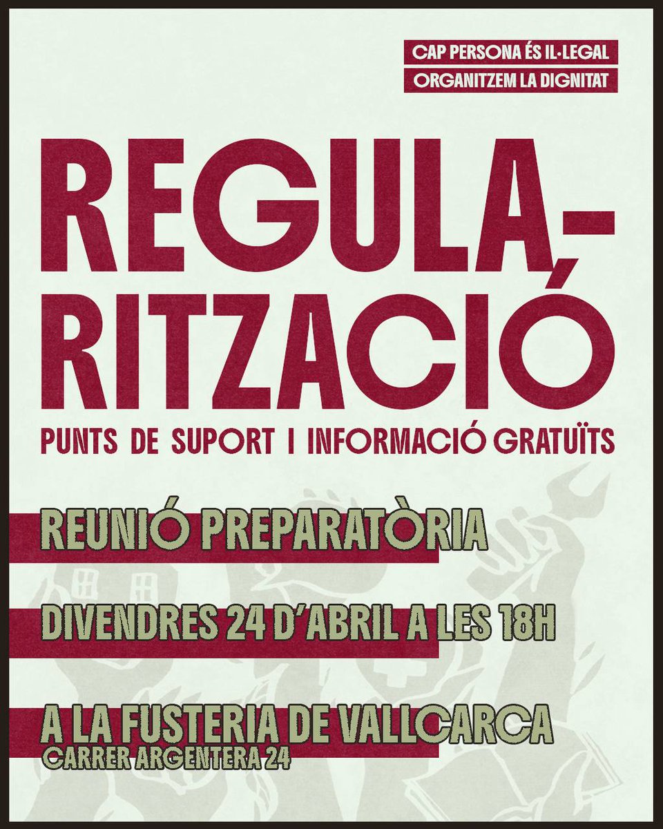 HeuraNegraVKK's tweet photo. 🔴 Xarxa de suport per la Regularització Extraordinària
✊ Volem generar un punt d’assessorament a Vallcarca per la Regularització Extraordinària
📅 Divendres 24 d'abril
⏰ A les 18h
📍 @LaFusteriaVKK, C/Argentera 24 https://t.co/BSgRjOq5ZK