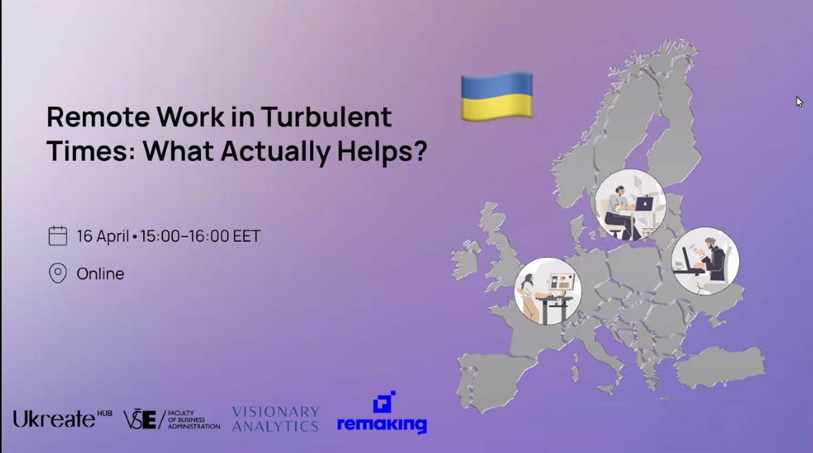 remaking_eu's tweet image. ➡️ Remote Work in Turbulent Times: What Actually Helps?

💻A webinar by @vsecz , Visionary Analytics &amp;amp; Ukreate Hub, explored remote work under displacement 

💡Key themes: isolation, adaptation, and redefining professional growth

#HorizonEU