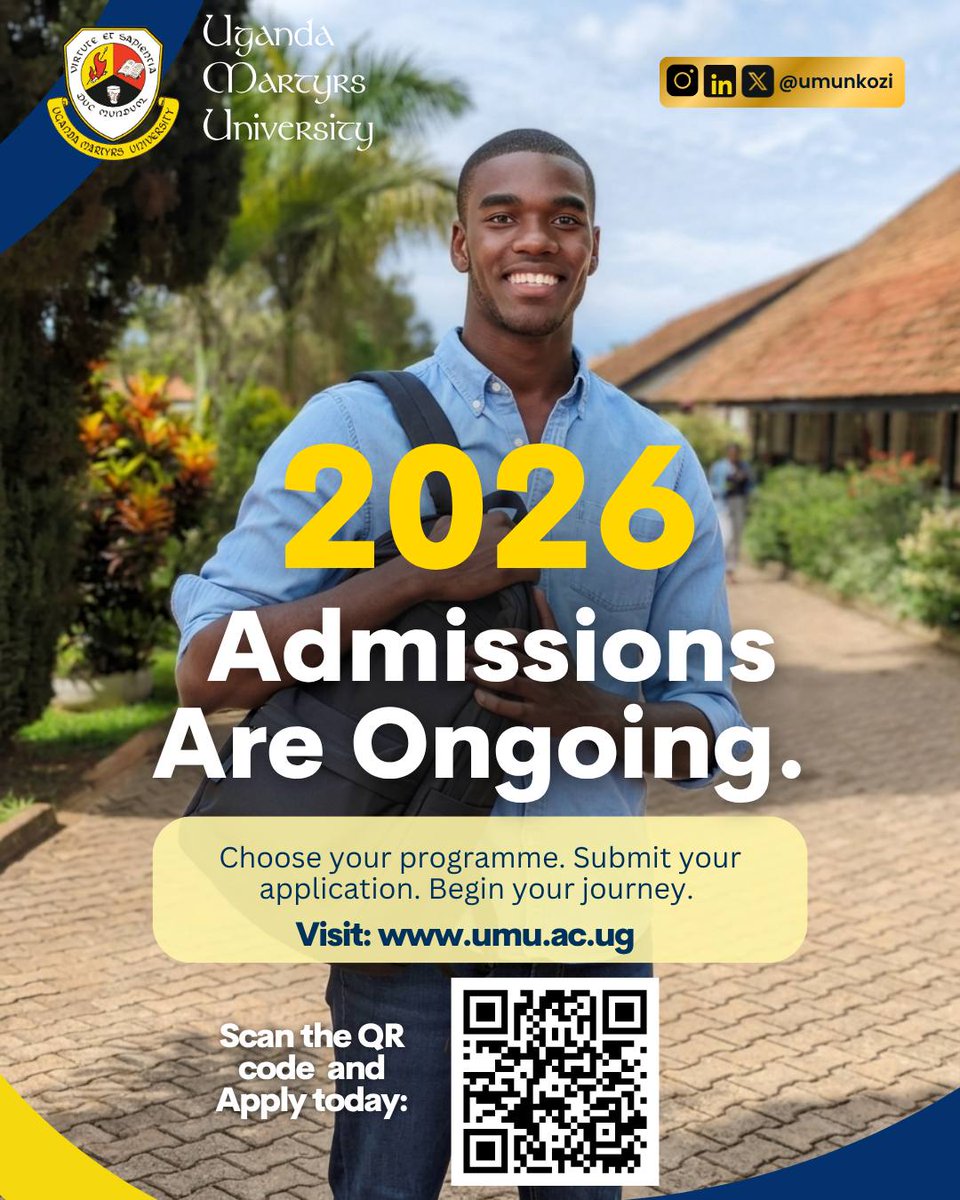 umu_nkozi's tweet image. New week. New goals. New direction.

If furthering your education is on your 2026 vision board, don’t push it to “later.”

Admissions are ongoing.

Apply today: applications.umu.ac.ug
Scan the QR code to get started.

#MondayMotivation #Admissions2026 #ApplyNow