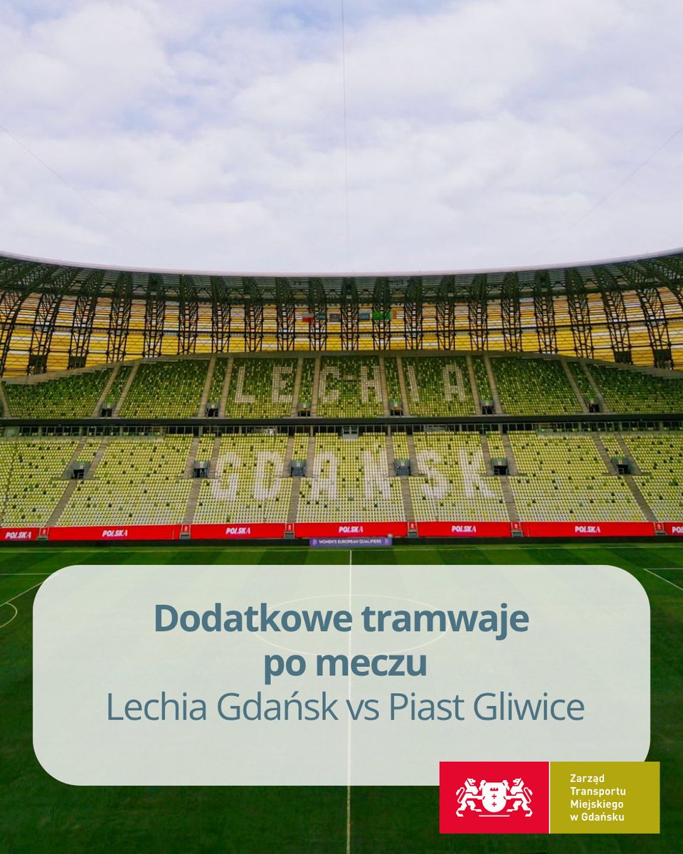 ZTM_Gdansk's tweet photo. ⏱️⚽️Trwa wielkie odliczanie do dzisiejszego meczu na Polsat Plus Arena Gdańsk. O godz. 19:00, Lechia Gdańsk podejmie drużynę Piast Gliwice.

🚋 Aby ułatwić Wam powrót, po zakończeniu spotkania uruchomione zostaną dodatkowe kursy tramwajów linii 7️⃣ .
https://t.co/YtXAOzTgQw https://t.co/bKL2brtKC1