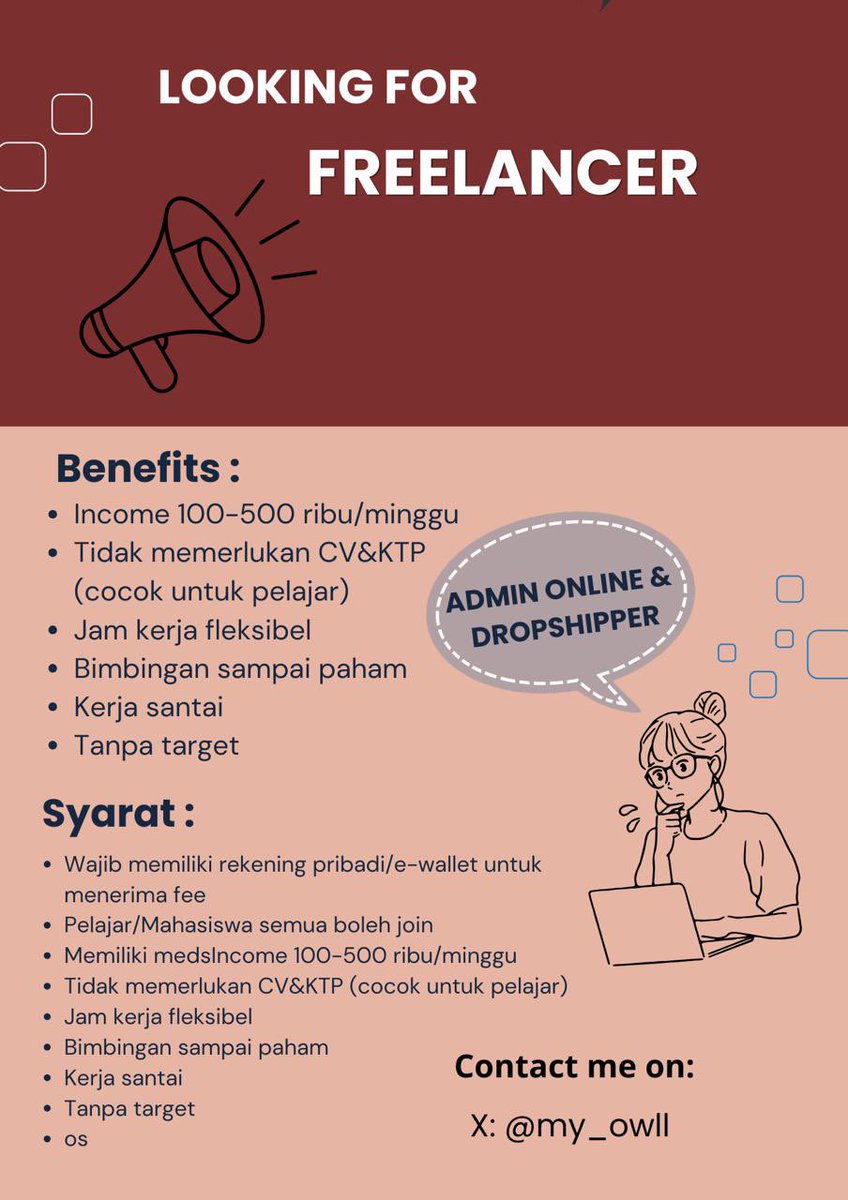 my_owll's tweet image. HAI WARGA X 🙌🏻 
Kita lagi open recruitment freelance wfh yaaa‼️ 

💟 min usia 15 tahun 
💟 wajib punya rekening/ e-wallet utk nerima fee nanti

HIT ME ON DM untuk detail jobnyaa ✨ 

#infoloker #freelance #zonauang #infowfh
