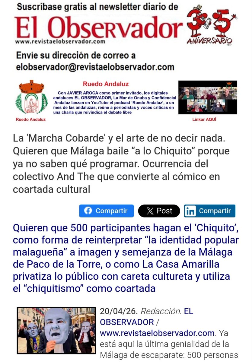 _ElObservador_'s tweet photo. #OJO
La '#MarchaCobarde' y el arte de no decir nada. Quieren que @Malaga baile “a lo #Chiquito” porque ya no saben qué programar. Ocurrencia del colectivo #AndThe que convierte al cómico en coartada cultural.
. https://t.co/SutghMPsqc