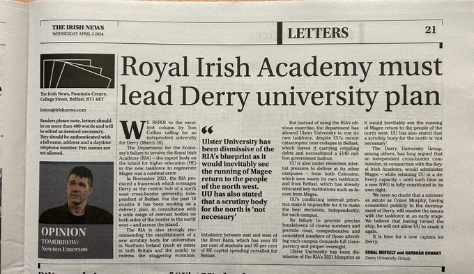 derry_group's tweet photo. It will happen – but not under UU. 
The Minister is, rightly, unable to entrust further funding to UU, which hasn't the capacity (or oversight) to develop campuses in Derry and Belfast concurrently.
It will happen when we implement the RIA report and establish a cross-border NWU. https://t.co/GDK1xaFkLr