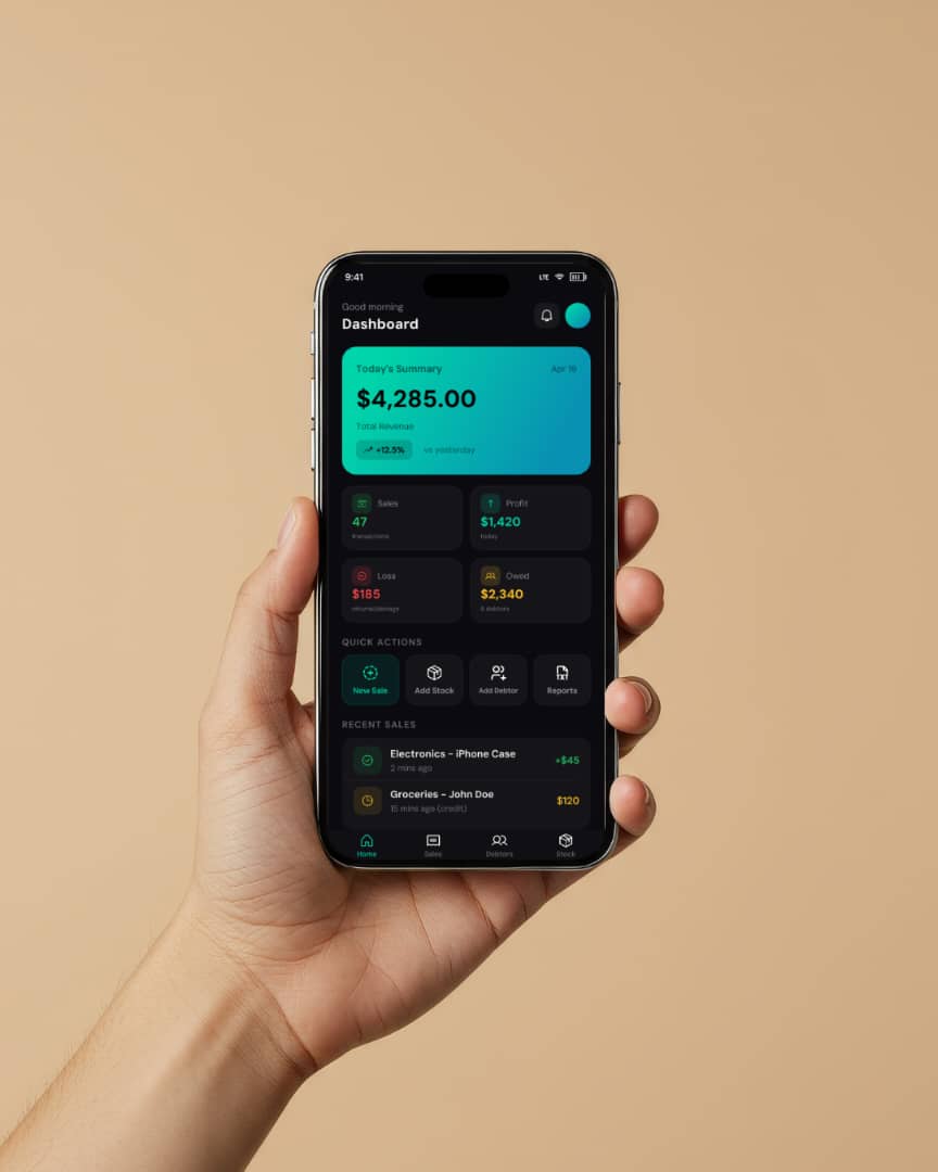 favour61498's tweet image. Dark mode. Teal accents. Every screen earned its place.
Tracking sales, stock, and debtors all in your pocket. 📦
#ProductDesign #UIDesign #MobileApp #AppDesign #DarkMode #UX