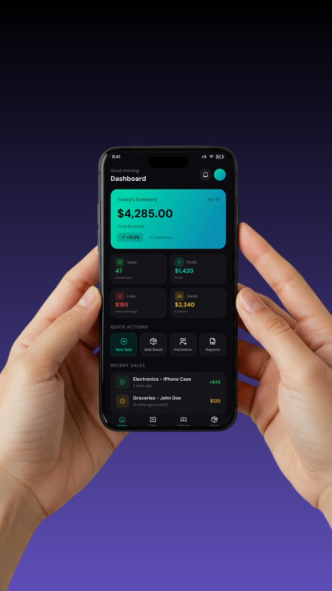 favour61498's tweet image. Dark mode. Teal accents. Every screen earned its place.
Tracking sales, stock, and debtors all in your pocket. 📦
#ProductDesign #UIDesign #MobileApp #AppDesign #DarkMode #UX