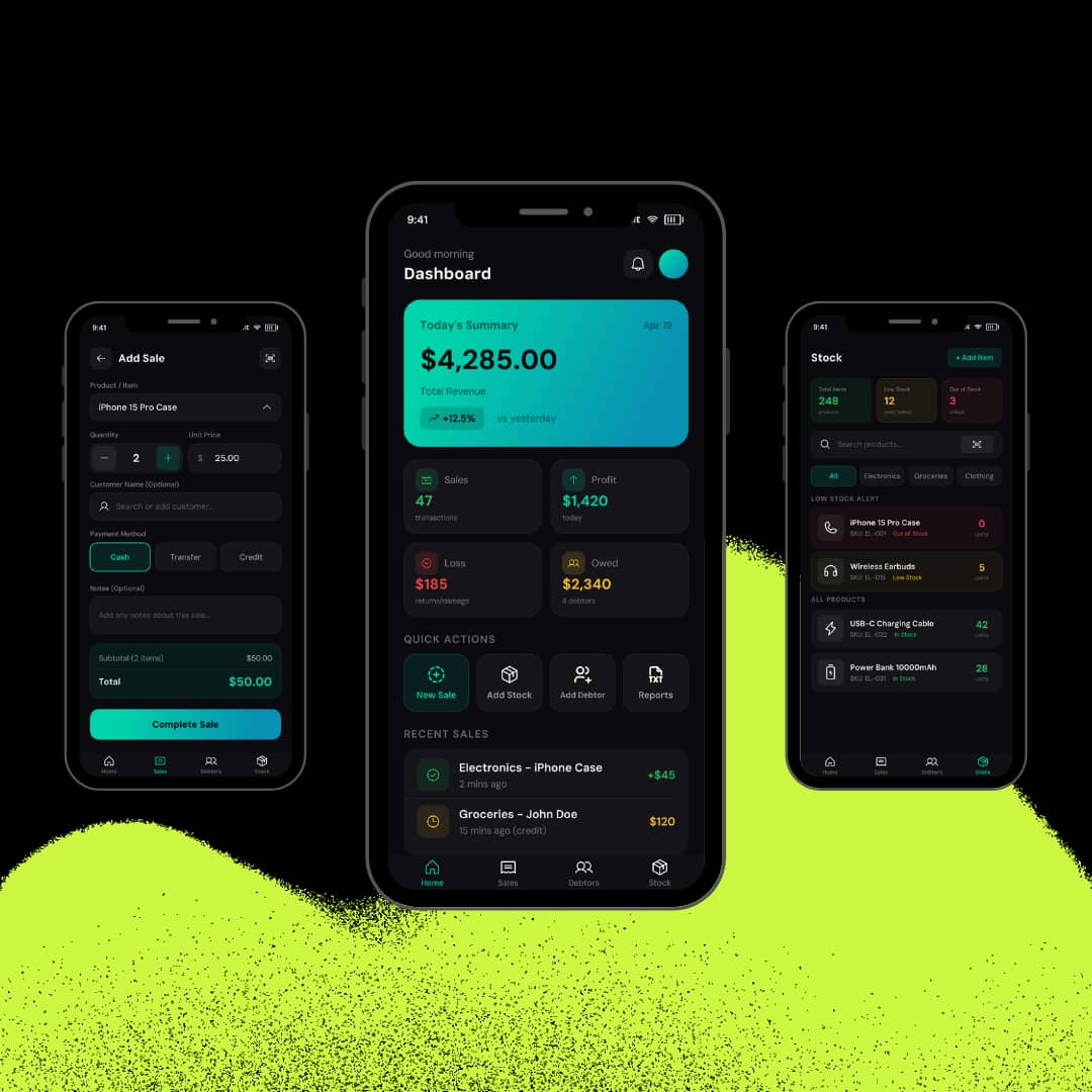 favour61498's tweet image. Dark mode. Teal accents. Every screen earned its place.
Tracking sales, stock, and debtors all in your pocket. 📦
#ProductDesign #UIDesign #MobileApp #AppDesign #DarkMode #UX