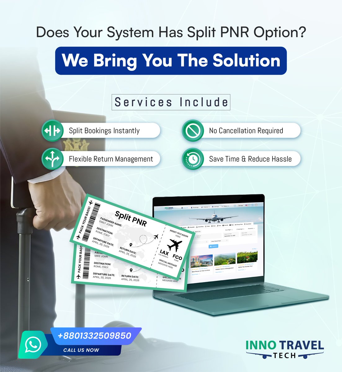 InnoTravelTech's tweet image. ✈️ Smarter booking control with "Inno Travel Tech" - Split PNR 🚀

Separate passengers, modify schedules &amp;amp; avoid cancellations — all in seconds.

Faster operations. Better service.

#TravelTech #B2CTravel #InnovateSolution #B2BTravel