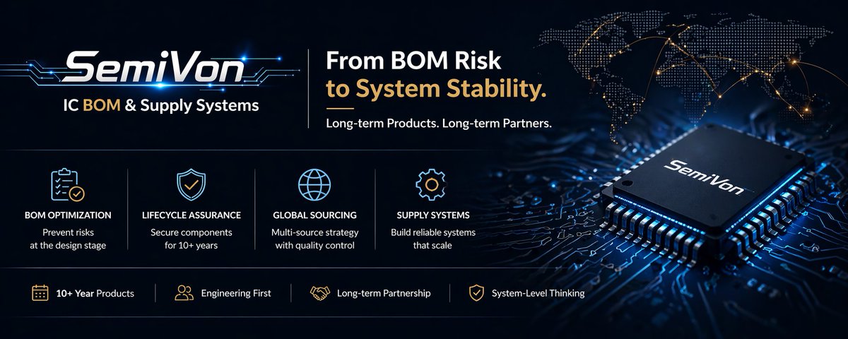 Semivon's tweet image. Most BOM problems don’t show up today.
They show up half a year or 3 years later.
When a component goes EOL, your entire system pays the price.
We don’t just source chips.
We design supply systems that last 10+ years.
#Semiconductor #SupplyChain #BOM #Hardware #AI