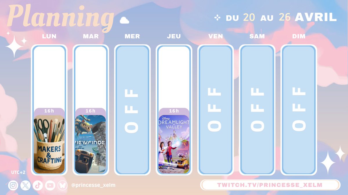 Programme Twitch de cette semaine du 20/04  au 26/04 !
-Créatif: ptit coloriage en discustant
-Viewfinder: Trop hâte de le faire enfin !
-DDV: quêtes et déco 🔨