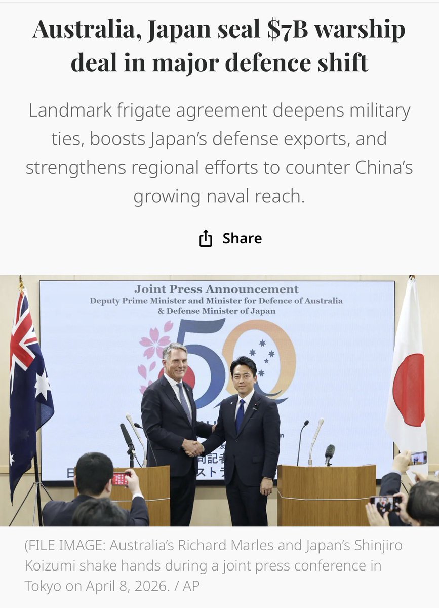 TrevorJ24567534's tweet image. Make sense of this : 
Australia just signed a A$10 billion deal to buy made in Japan warships - no doubt to help it “deter” China.  Or less politely put, to help it join the US mother of all “regime change” wet dreams  in  the People’s Republic.
In WW2 Australia was allied with