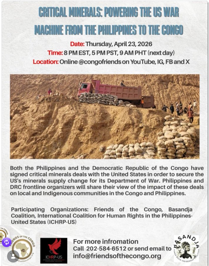 WoMin_Africa's tweet image. 📢Join in - Critical Minerals: Powering the US War Machine from the Philippines to the Congo
🗓️Thursday April 23
⏰5pm PT | 7PM CT | 8PM ET 🔗View online at @congofriends on YouTube, Instagram, Facebook and X

#criticalminerals #greencolonialism #greenextractivism