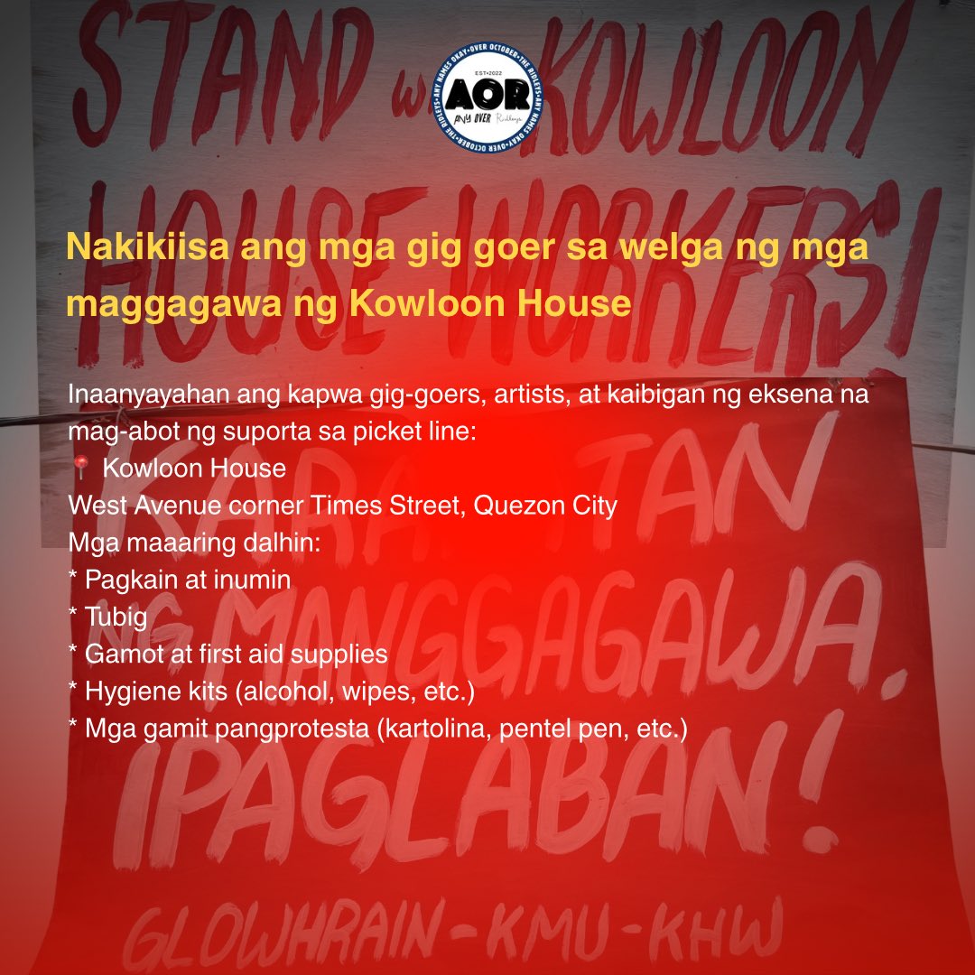 AnyOverRidleys's tweet photo. Inaanyayahan ang kapwa gig-goers, artists, at kaibigan ng eksena na mag-abot ng suporta sa mga manggagawa ng Kowloon House para sa makatarungang sahod, sapat na benepisyo, at makataong kondisyon sa trabaho. https://t.co/D4L55gkLt1