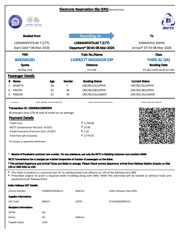 TweetWaghmare's tweet photo. And Ticket details for your ref. The above issue is very serious and raises concern about safety of passengers belonggings. 

#RailwaySafety #Mumbai #Ratnagiri #RPF #IndianRailways https://t.co/6d2F2Tqa2I