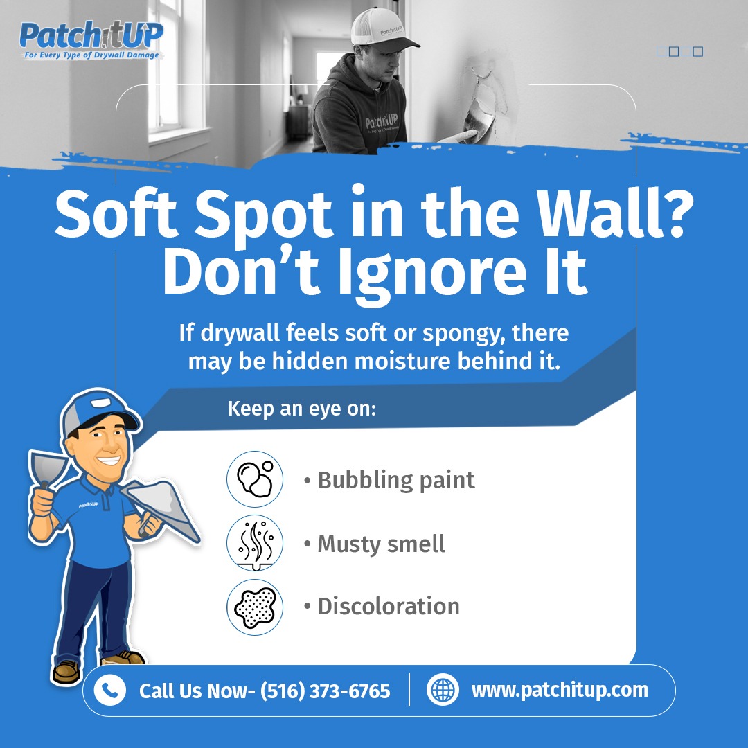 PatchitupTeam's tweet image. Soft or spongy drywall? Don’t ignore it! Hidden moisture can lead to bigger damage. Watch for bubbling paint, musty smells, or discoloration. PatchitUP Nassau fixes it fast and clean.

Visit: patchitup.com/locations/nass…
#PatchitUP #Nassau #DrywallRepair #HomeCare #MoistureDamage