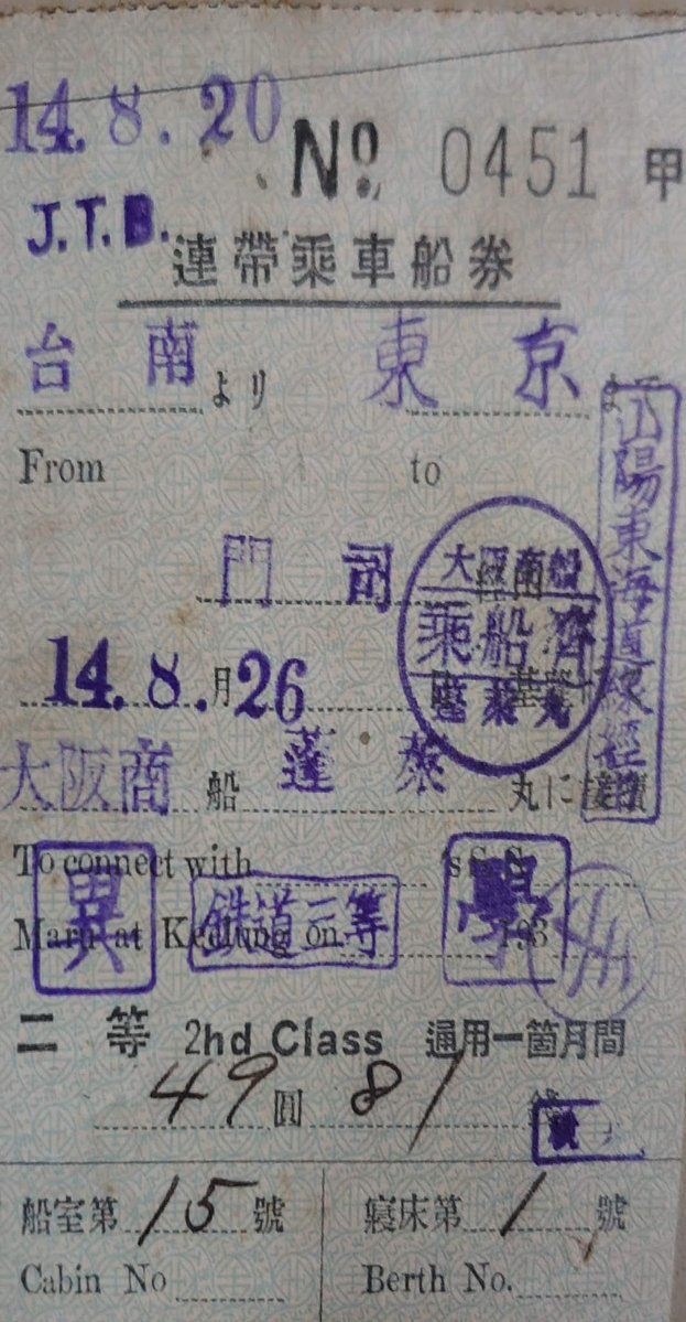 1939年、日本統治時代の台湾(台南)から東京までの切符。
台南🚞基隆🚢門司🚃東京だが、料金は3等(学割)で49円。
当時の台湾の中卒(今の高卒)の初任給が35円の頃の49円なので、今なら25万円くらいの感覚でしょう。