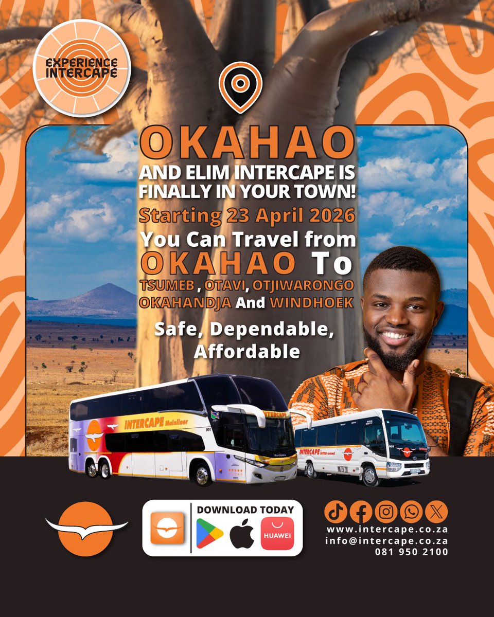 IntercapeBus's tweet photo. Okahao and Elim, Intercape Is Finally In Your Town!

Starting 23 April 2026 you can travel from OKAHAO to TSUMEB, OTAVI,  OTJIWARONGO, OKAHANDJA and WINDHOEK!

Safe, Dependable, Affordable.

Experience Intercape https://t.co/bSrE5K9Y8X