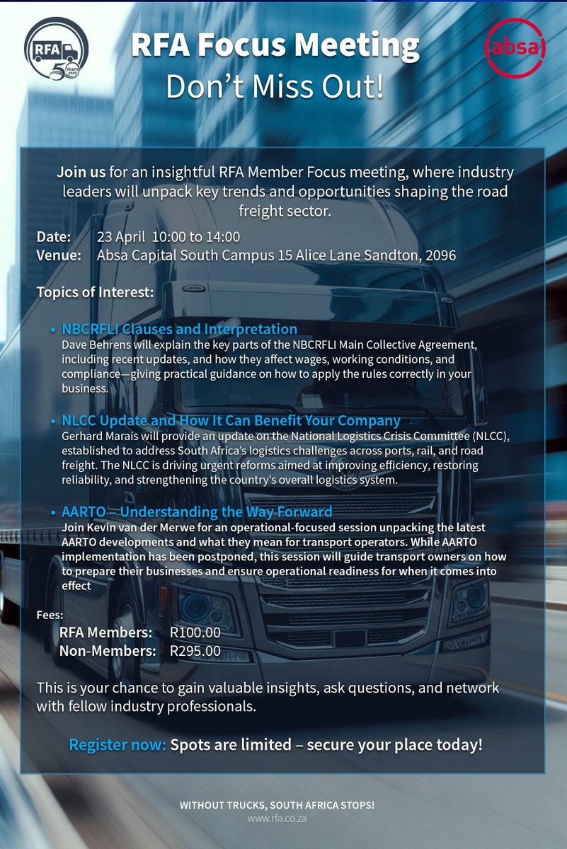 RoadFreightSA's tweet photo. 🚛 RFA Focus Meeting – Don’t Miss Out!

Join industry leaders for key insights on freight trends, compliance, and logistics in SA.

📅 23 April | ⏰ 10:00–14:00
📍 Sandton
🗓️ Register by: 21 April
🔗 https://t.co/2HQuZMwgbX
Spots are limited—secure yours today! https://t.co/AD8hCRRYiS