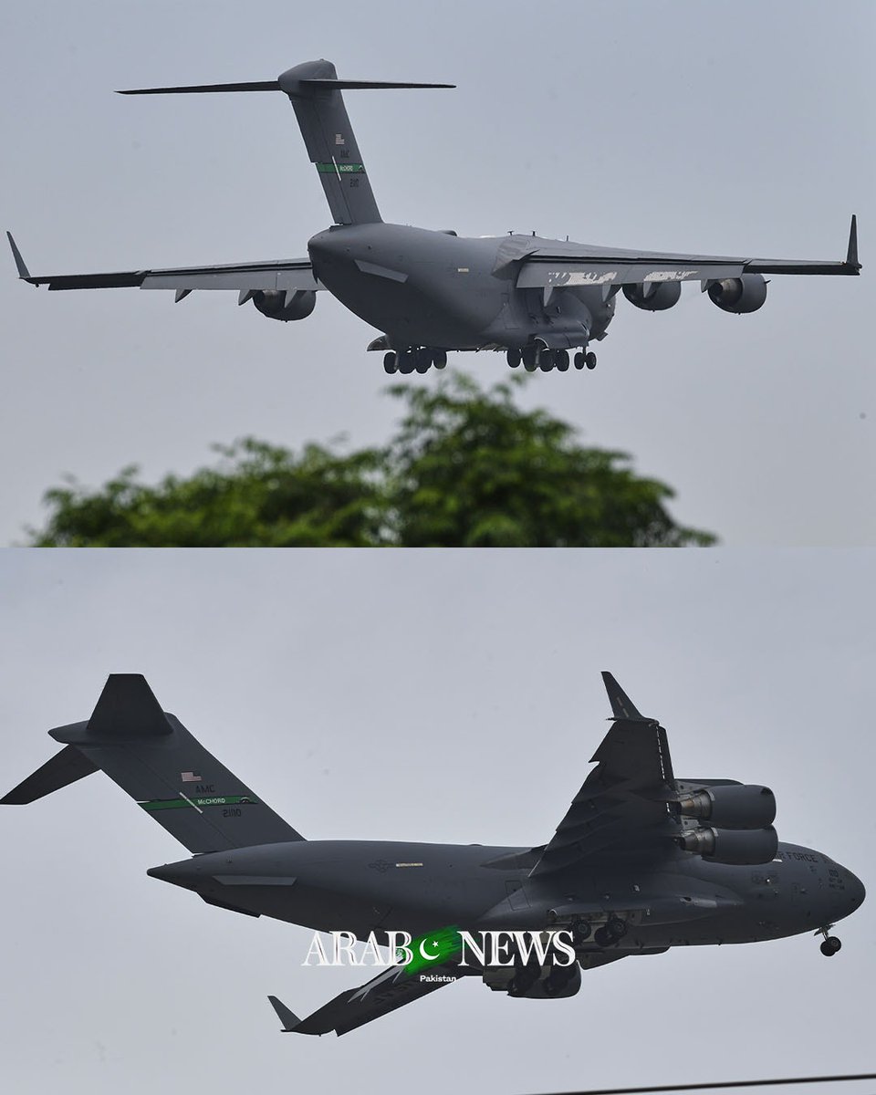 arabnewspk's tweet image. #PHOTOS: US Air Force Boeing C-17 Globemaster III transport aircraft prepares to land at Nur Khan Airbase in Rawalpindi, Pakistan, on April 20, 2026, ahead of expected US-Iran negotiations, as uncertainty surrounds Tehran’s participation. arab.news/c7qku

Photos via