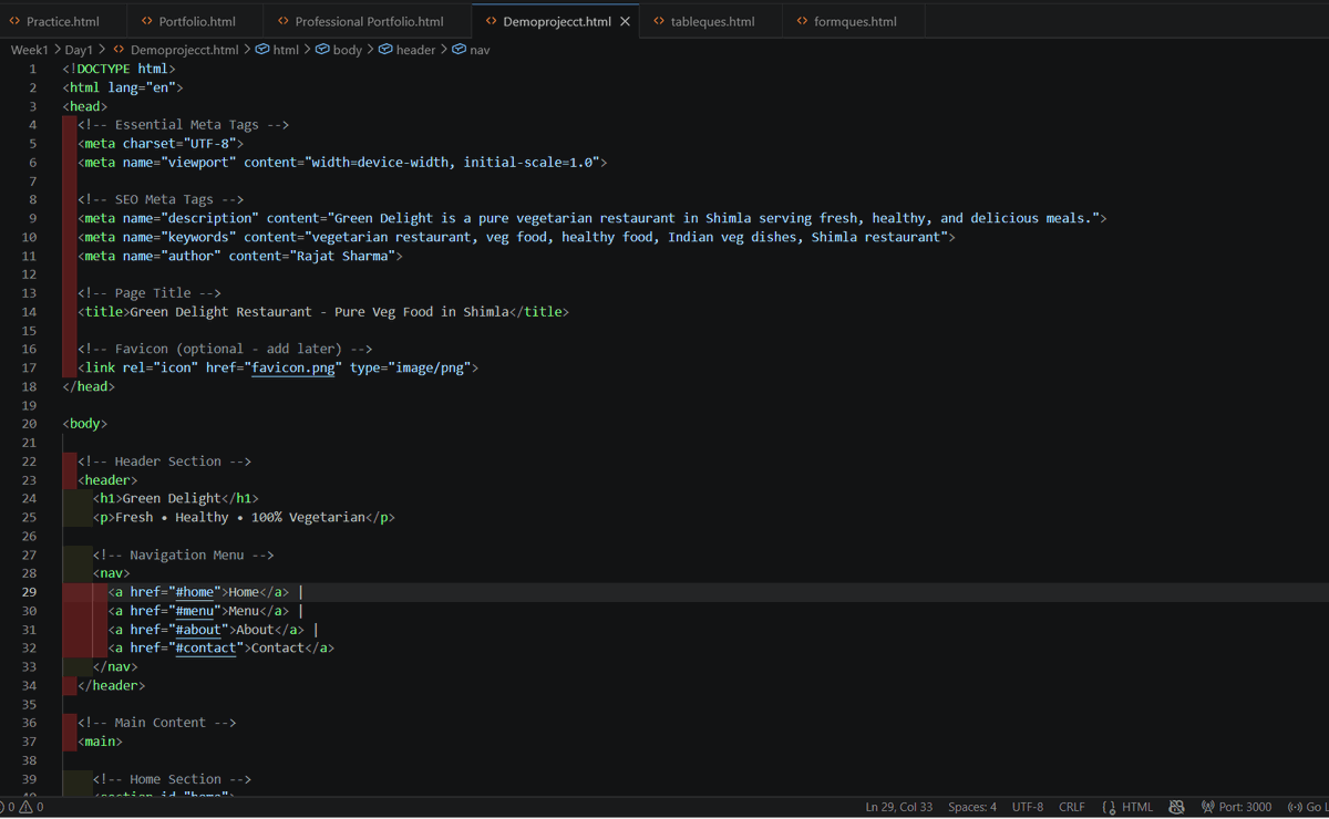 Rajatsharma_87's tweet image. Day 1 of #100DaysOfCode 🚀  
Built my first HTML restaurant website 🍃 
 Focused on semantic HTML, SEO &amp;amp; GitHub Pages.  Consistency &amp;gt; perfection. CSS next! 🔥  
Live → rajatsharma0087.github.io/green-delight-… 
 #WebDev #BuildInPublic #HTML
