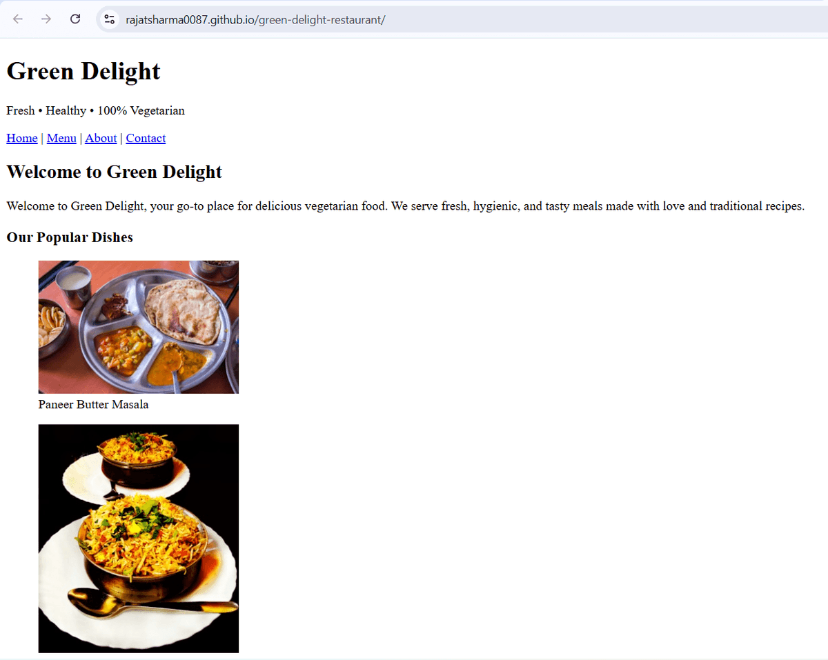 Rajatsharma_87's tweet image. Day 1 of #100DaysOfCode 🚀  
Built my first HTML restaurant website 🍃 
 Focused on semantic HTML, SEO &amp;amp; GitHub Pages.  Consistency &amp;gt; perfection. CSS next! 🔥  
Live → rajatsharma0087.github.io/green-delight-… 
 #WebDev #BuildInPublic #HTML