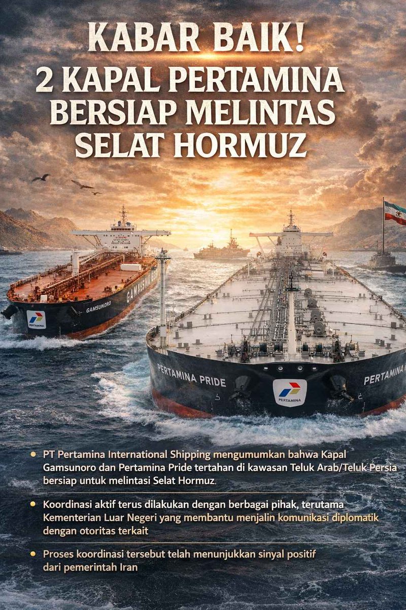 Kabar gembira! 🚢 Dua kapal Pertamina siap melintasi Selat Hormuz. Langkah positif buat ekonomi dan energi kita! Semangat terus, Indonesia! 💪🏼✨