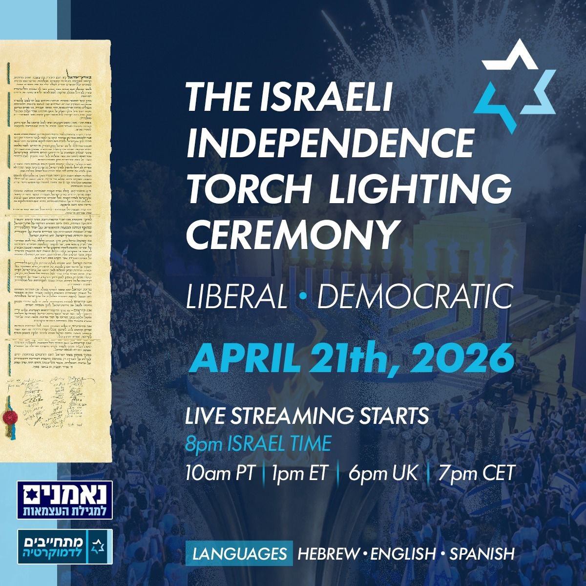 UnxeptableD's tweet photo. 🇮🇱✊ *The Liberal-Democratic Torch Lighting Ceremony for Israel’s Independence Day 2026*

🗓️ *Tuesday, April 21, 2026*
⏰ Live Stream: 10AM PT | 1PM ET | 6PM UK | 7PM CET | 8PM Israel
🌐 *Hebrew, with live English & Spanish translation*
🔗*Register & Support*:
https://t.co/zZQlszImIP

As the traditional Jerusalem ceremony is turned into a government-sponsored display of cronyism and corruption, we will stand together with the genuine, popular alternative celebration rooted in freedom, equality, and a renewed commitment to Israel's Declaration of Independence.

🔥 Torch bearers and speakers

Prof. David Harel — President of the Israel Academy of Sciences, and Israel Prize laureate 

YIfat Calderon – Leader in the struggle to return the hostages and cousin of captive Ofer Calderon @IfatKalderon 

*Liat Weiss and Ron Scherf* – Co-founders of Brothers & Sisters in Arms @Sistersinarms23 

*Lt. Gen. (Res.) Moshe (Bogie) Ya'alon* – Former Minister of Defense and Chief of Staff  @bogie_yaalon 

*Soumiya Bashir* – Social activist, Arab society coordinator, Women Wage Peace

*MK Rabbi Gilad Kariv* – Among the leaders of the democratic-liberal struggle in the Knesset @KarivGilad 

*Adv. and former MK Gaby Lasky* – Co-founder of the "Detainee Envelope" network @gaby_lasky 

*Brig. Gen. (Res.) Amal Asad* – Representative of the Druze community, among the leaders of the struggle against the Nation-State Law

*Ayelet HaShachar Sayidoff* – Co-founder of "Mothers on the Frontline" @AyeletaHshahar 

*Avi Dabush* – CEO of Rabbis for Human Rights, survivor of the October 7 massacre and representative of the Gaza envelope

*Hanoch Cohen* – Leader of the youth protest and the high school strike for the hostages

*Dr. Yael Admi* – Co-founder of Women Wage Peace

*Keynote speakers*  Member of Knesset Naama Lazimi, and former Chief of Staff Dan Halutz @naamalazimi 

🤝 Brought to you by UnXeptable, We Democracy UK & Defending Israeli Democracy