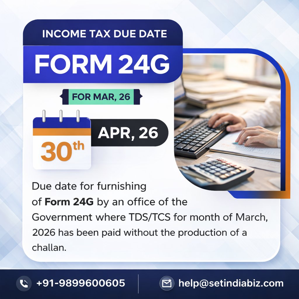 setindiabiz's tweet image. 📢 Form 24G Due Date Alert

🧾 For Mar 2026
📅 30th April, 2026

Govt offices must file Form 24G where TDS/TCS is paid without challan. Avoid penalties! 

👉 Get expert help:
zurl.co/5FzXB

#IncomeTax #Form24G #TDS #TCS #DueDateAlert #TaxCompliance #Setindiabiz