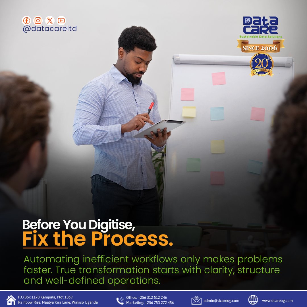 Dcareug's tweet image. 𝗙𝗶𝘅 𝘁𝗵𝗲 𝗽𝗿𝗼𝗰𝗲𝘀𝘀. 𝗧𝗵𝗲𝗻 𝗱𝗶𝗴𝗶𝘁𝗶𝘀𝗲.

Data Care works with you to review your operations and build systems that automate the right way.

👉 dcareug.com | 📞 +(256)-393-512-246
#DigitalTransformation #BusinessSystems #ProcessOptimization #Automation