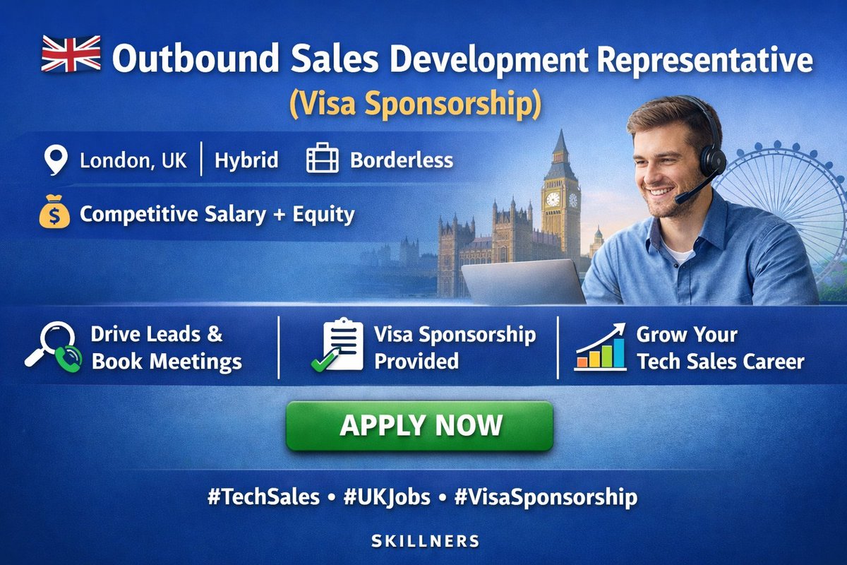 skillners's tweet image. 🇬🇧 Outbound Sales Development Representative (Visa Sponsorship)

📍 London, UK (Hybrid)
🏢 Borderless

Drive leads &amp;amp; book meetings in a fast-growing tech startup.

✅ Visa Sponsorship | Growth | 💰 Competitive Pay

🔗 t.me/skillners/1792

#UKJobs #TechSales #VisaSponsorship
