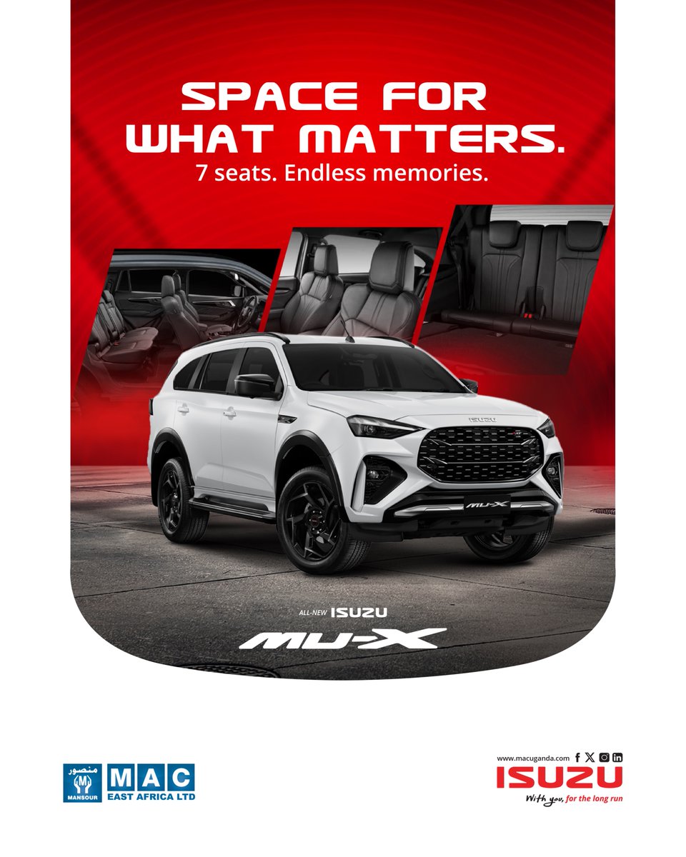 IsuzuUganda's tweet image. The Isuzu MU-X is more than comfort. It is the vehicle that turns every journey into a family moment.

Experience the perfect blend of space, safety, and reliability engineered for the long road ahead.

Learn more: macuganda.com/isuzu/vehicles…

#WithYouForTheLongRun #FamilyFirst