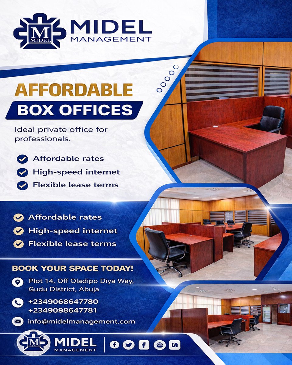 MidelNg's tweet photo. Affordable. Professional. Ready when you are. Get your own Box Office space at Midel Center today perfect for focused work and growing your business.
- Gudu, Abuja
- 09098647780 | 09098647781
#AbujaBusiness #OfficeSpaceAbuja #CoworkingAbuja |Wike |Obi https://t.co/615JswBwcD