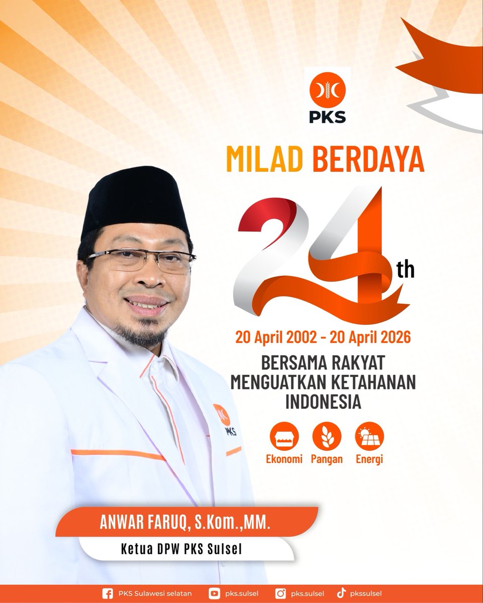 AnwarFaruq's tweet photo. MILAD BERDAYA: Bersama Rakyat, Menguatkan Ketahanan Indonesia. 
Selamat Milad PKS ke-24! Allahu Akbar, Merdeka!
#PKS_Sulsel #AnwarFaruq #pks #pk_sejahtera https://t.co/FHMWylTyeg
