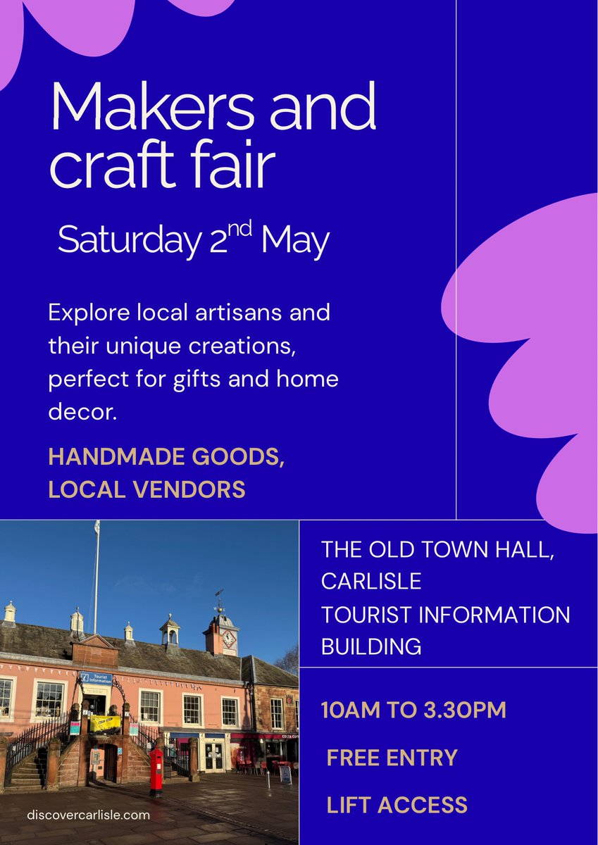 DiscoverCarlisl's tweet image. Visit the #Craft and #Makers #Fair at #Carlisle’s Old Town Hall.
 
This monthly #event, returning on Saturday 2 May, showcases #local talent, makers, and #producers. There will be a wide range of #arts, #crafts, and #gifts available to purchase - tinyurl.com/5n6wt3h2

#Cumbria