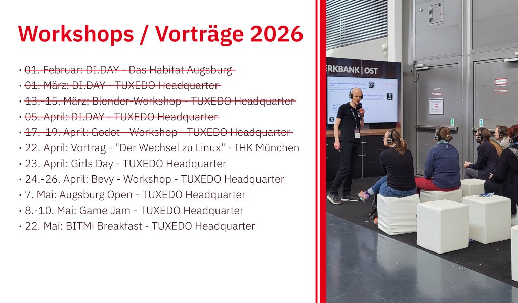 TUXEDOComputers's tweet image. Wir sind nicht nur viel unterwegs, sondern geben auch unser Wissen in Vorträgen und Workshops weiter!

Werft regelmäßig einen Blick in unseren Eventkalender und kommt vorbei! 

tuxedocomputers.com/de/Events 

#tuxedo #events #vortrag #workshop