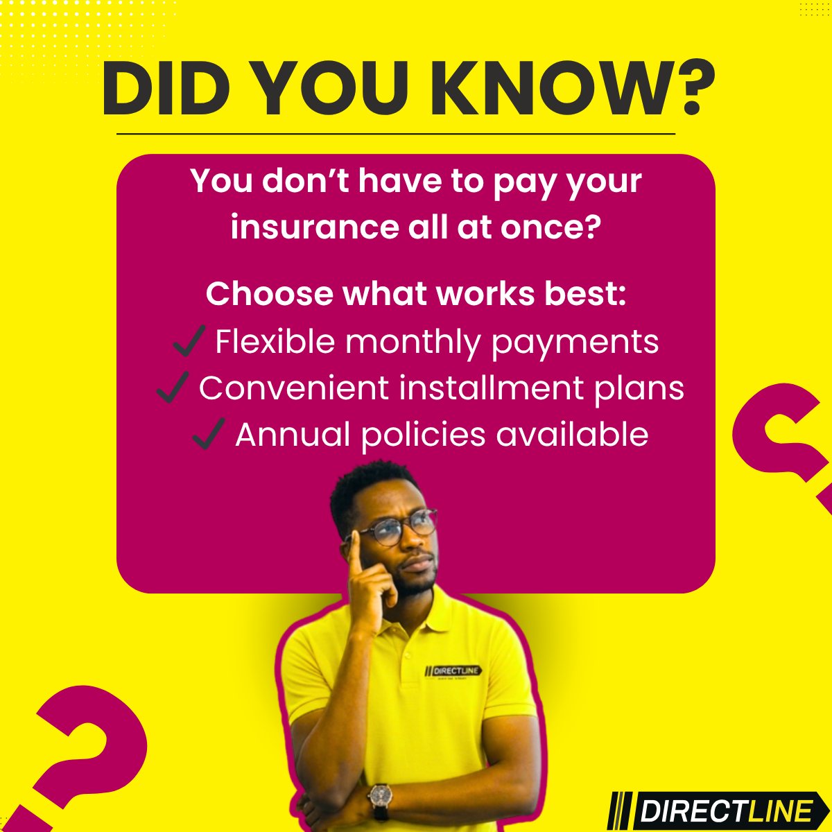 DirectlineKenya's tweet photo. Many people assume insurance must be paid in one lump sum, but that's not always the case. With flexible payment options, you can choose what works best for your budget while staying fully covered. https://t.co/ePm7H6oJWM