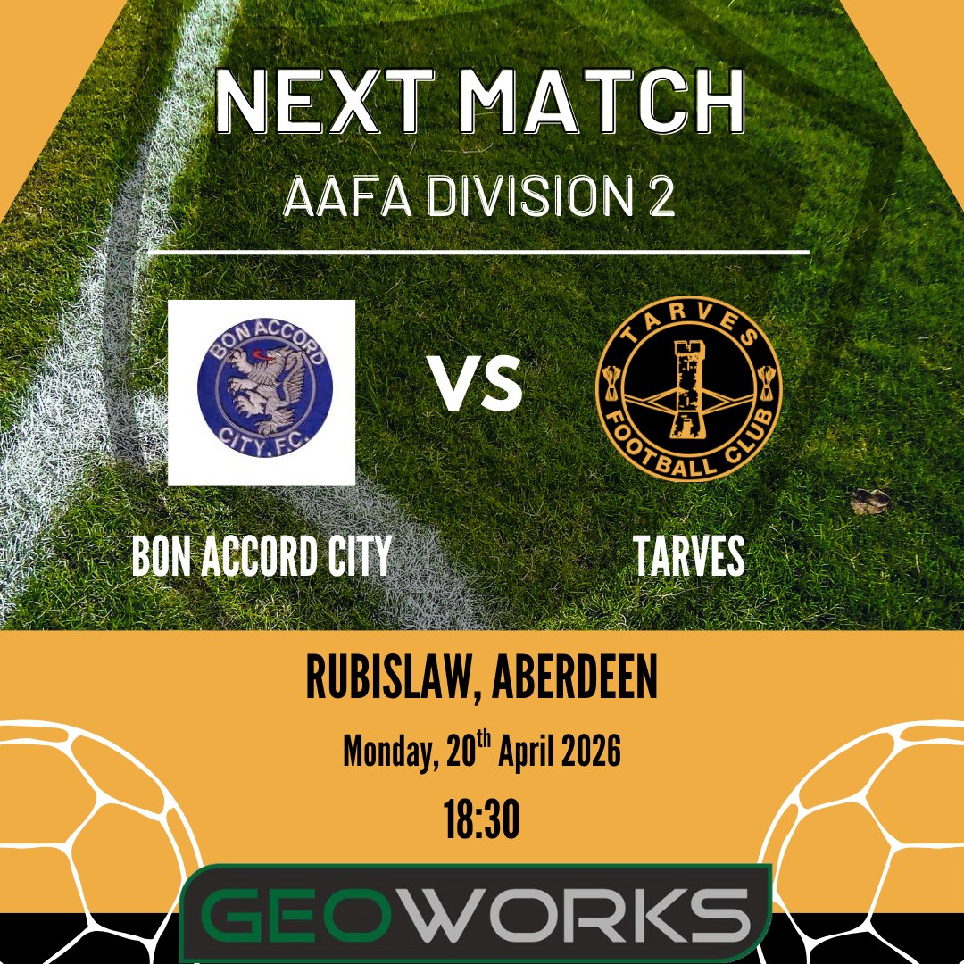 #monthetarves
After the win at the weekend, a quick turnaround for our next league game - tonight as we visit Bon Accord City FC

📅 Monday 20th April 2026 
⏰ 18:30
📌 Rubislaw, Aberdeen 

Main kit sponsor: GeoWorks
Player sponsors: tinyurl.com/fyc3ynhj
Interested?
